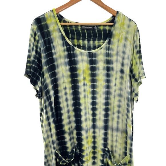 Nina Leonard Scoop Neck Tie-dye Print T-Shirt Dress Pockets Rayon Comfy Size 3X - Picture 2 of 11